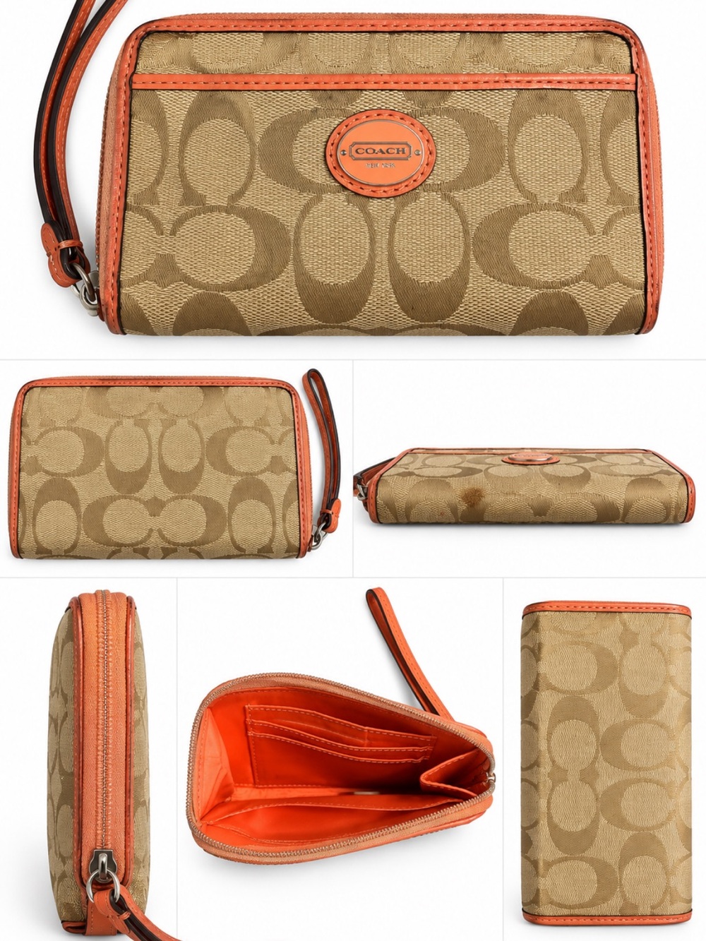 Coach Signature C Jacquard Zip Around Wristlet Wallet Tan Coral